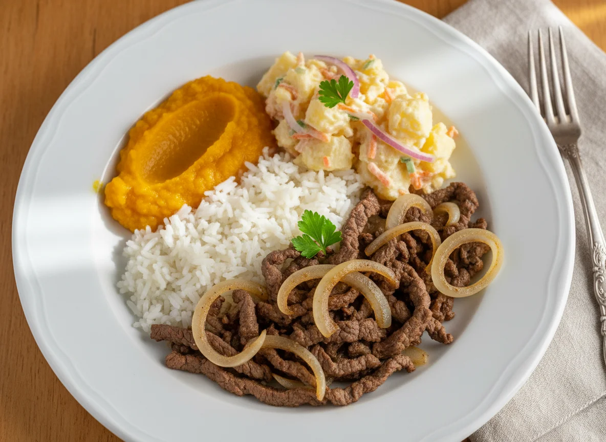 Prato variado com carne, arroz e acompanhamentos photo