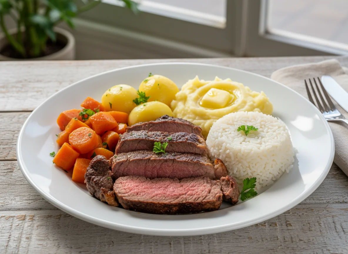 Prato variado com carne, arroz e legumes photo