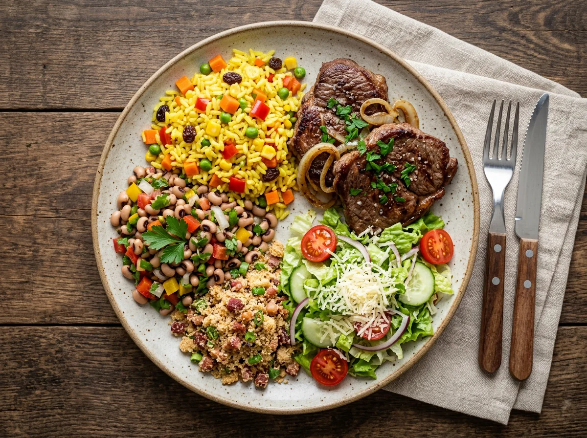 Prato variado com carne, arroz e salada photo