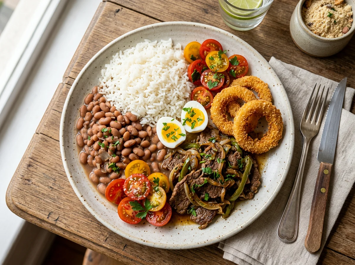 Prato variado com carne, arroz, feijão e acompanhamentos photo