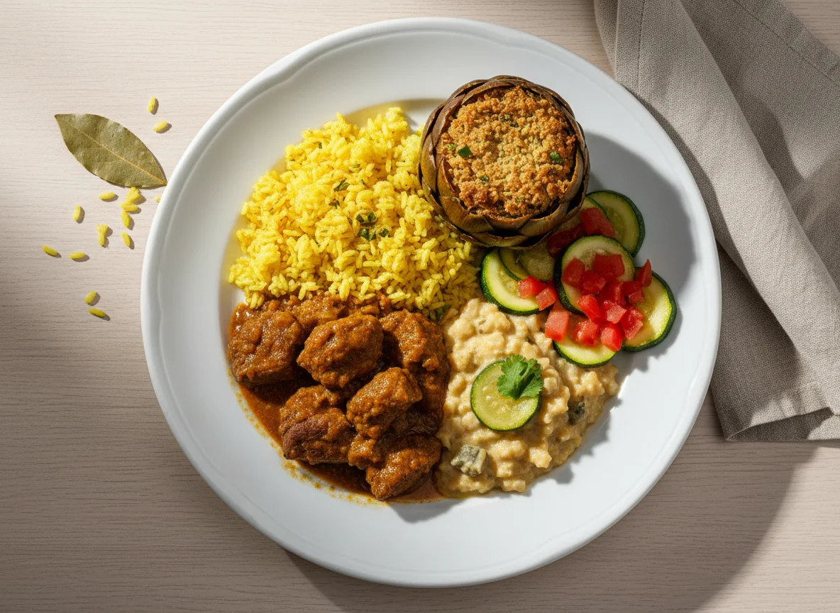 Prato variado com carne, arroz, feijão e legumes photo