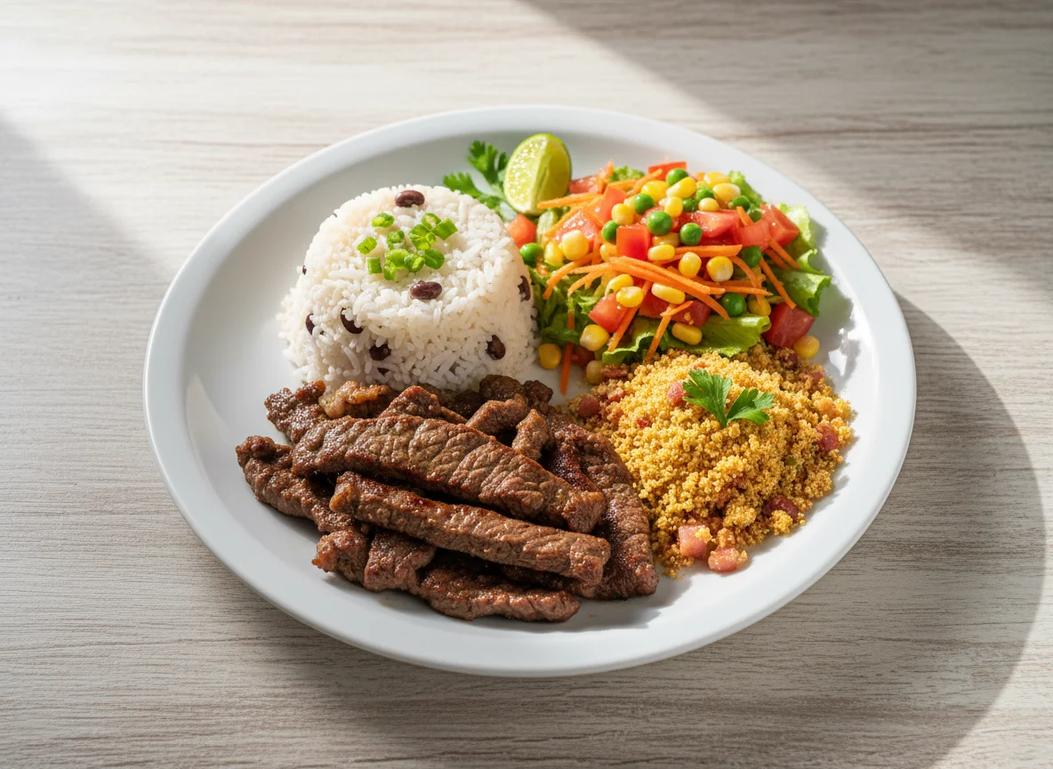 Prato variado com carne, arroz, salada e farofa photo
