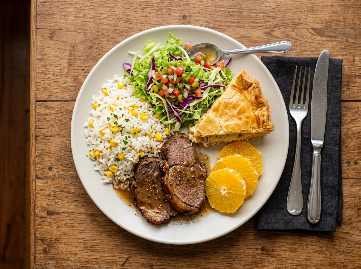 Prato variado com carne, arroz, salada e fruta photo