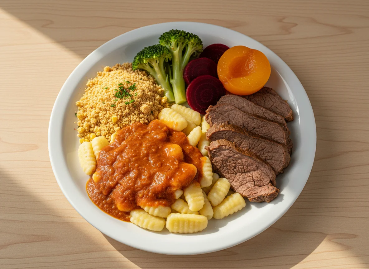 Prato variado com carne assada e acompanhamentos photo