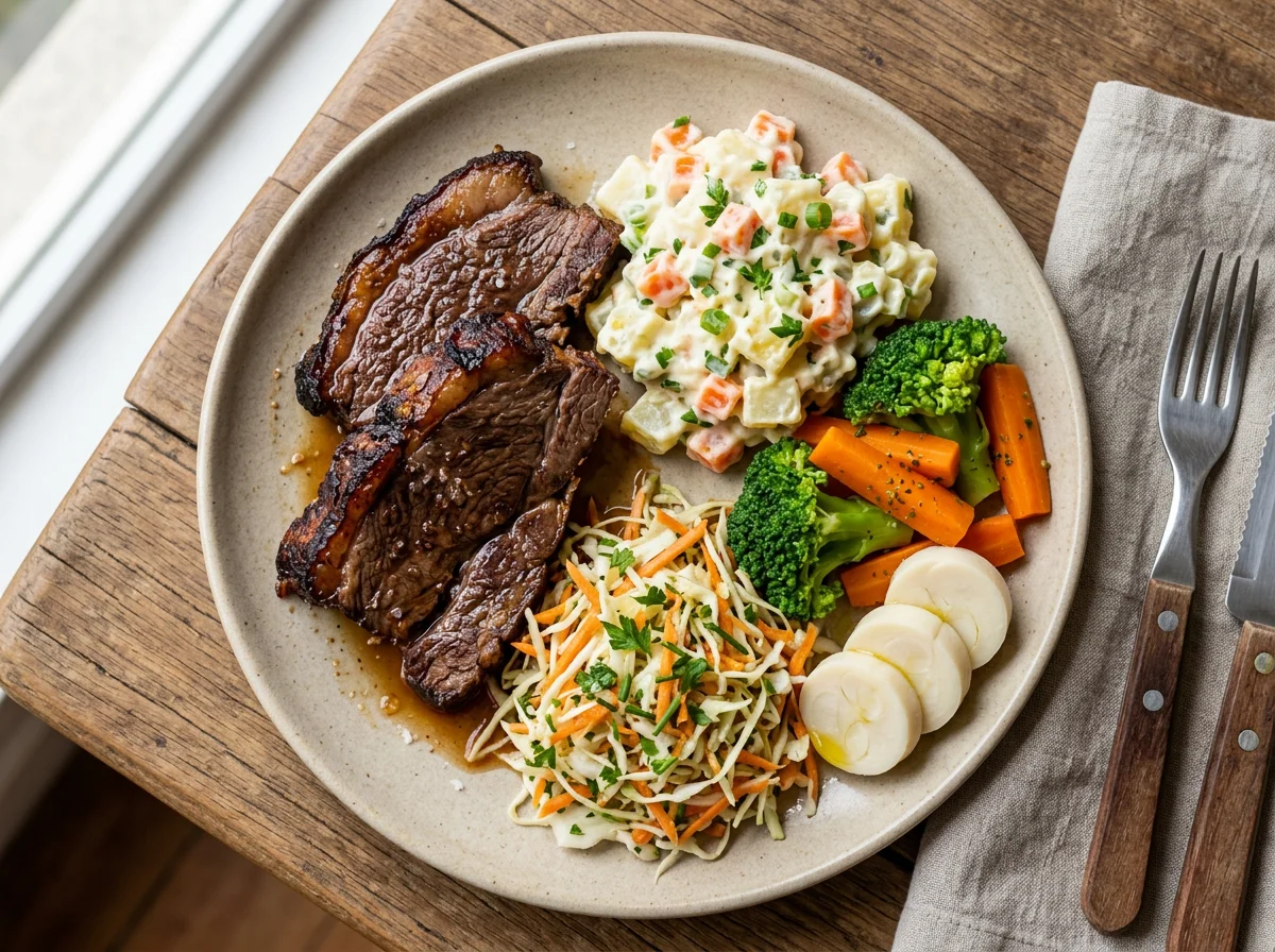 Prato variado com carne assada e saladas photo