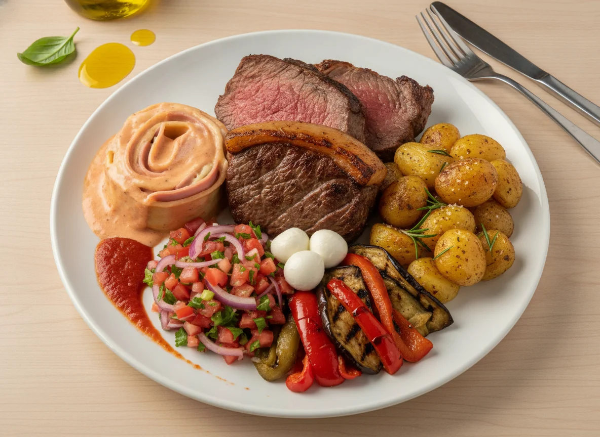 Prato variado com carne assada, rondelli e salada photo