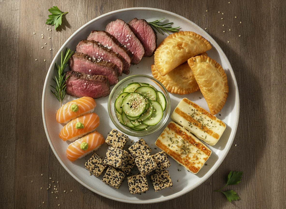 Prato variado com carne assada, sushi e acompanhamentos photo