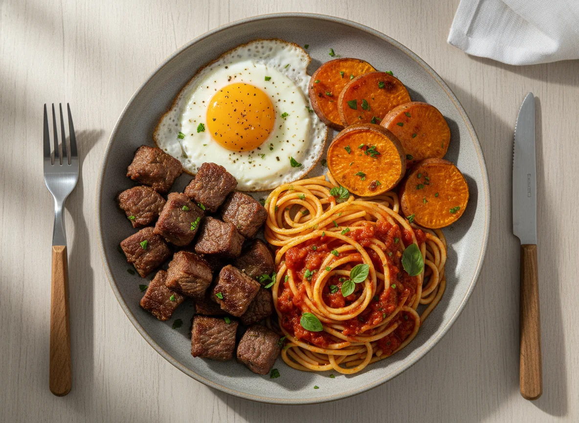 Prato variado com carne, batata doce, ovo e massa photo