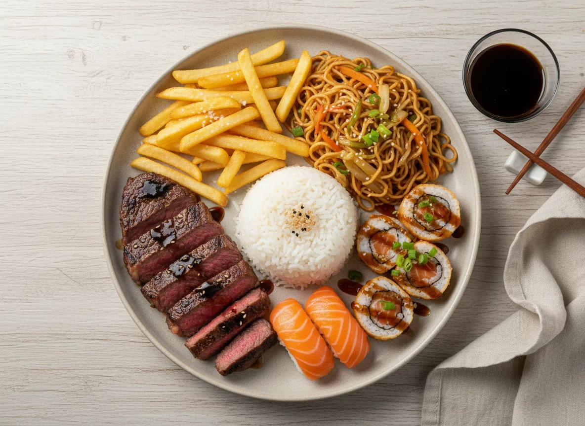 Prato variado com carne, batata frita e sushi photo