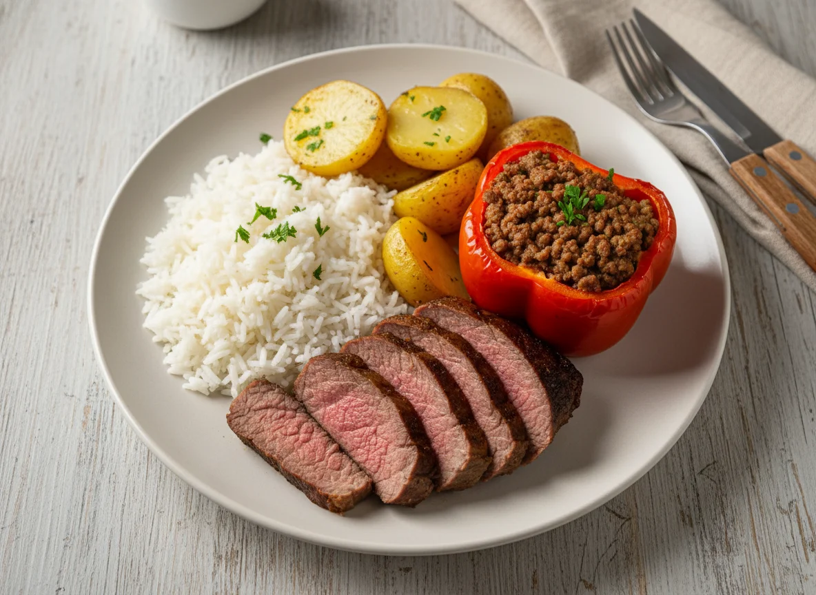 Prato variado com carne, batatas, arroz e pimentão recheado photo