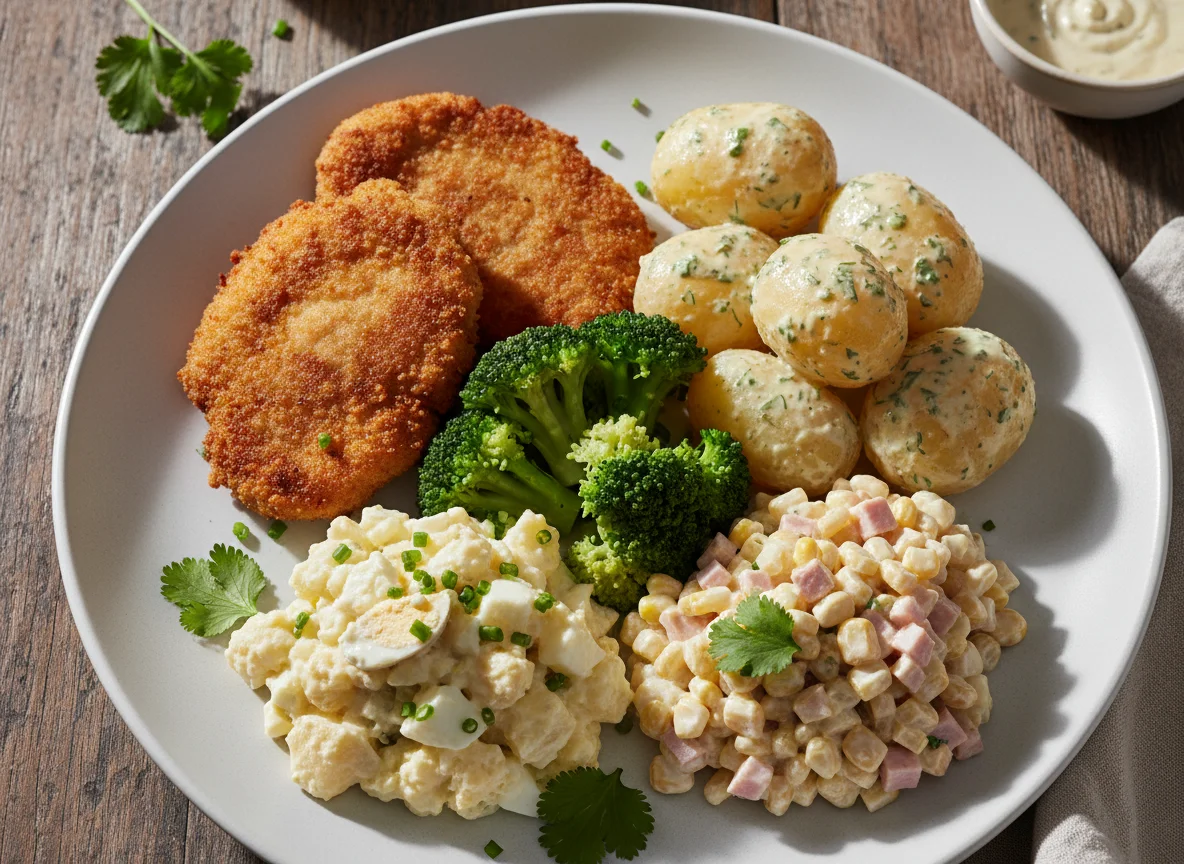 Prato variado com carne, batatas e saladas photo