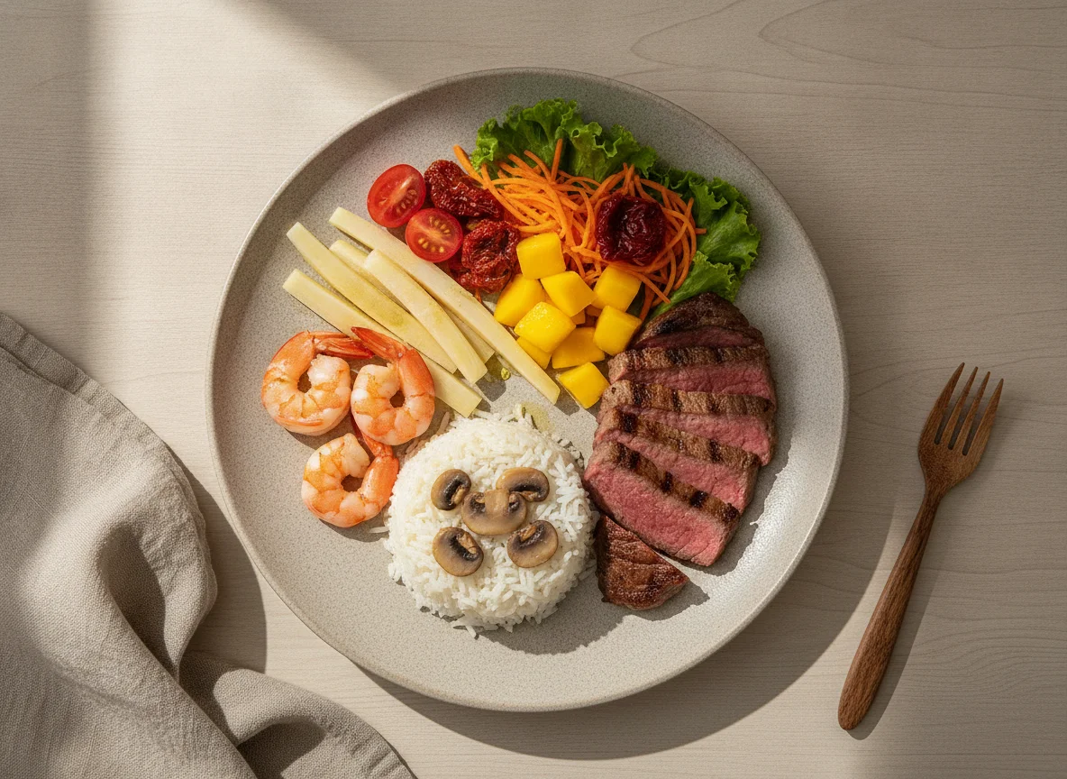 Prato variado com carne, camarão e salada photo