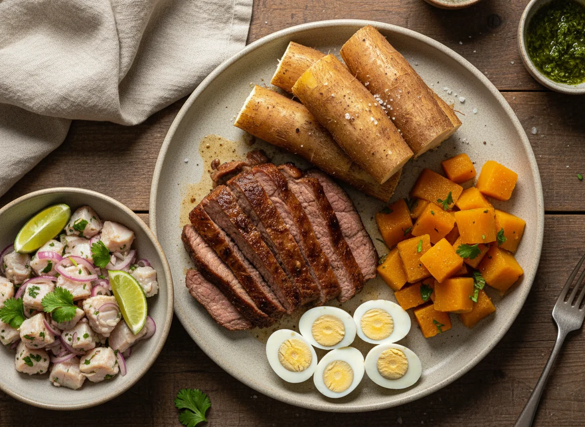 Prato variado com carne, ceviche e acompanhamentos photo