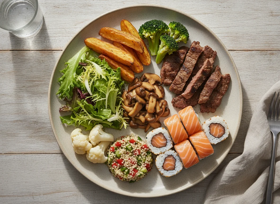 Prato variado com carne, cogumelos e salada photo
