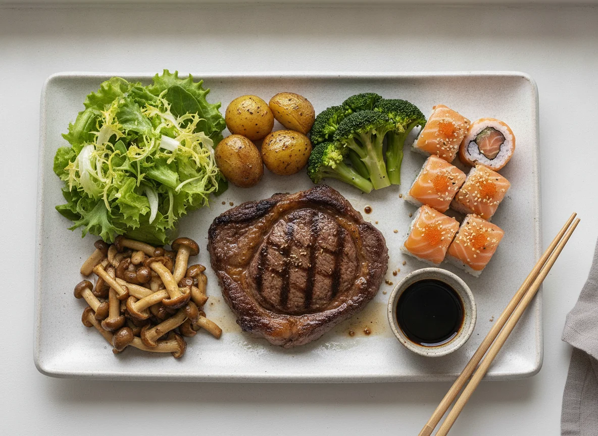 Prato variado com carne, cogumelos, salada e sushi photo