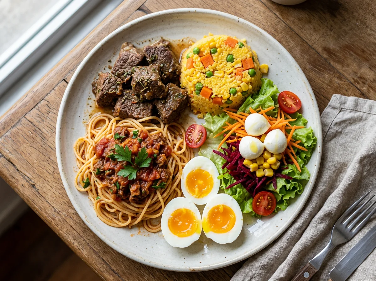Prato variado com carne, cuscuz, macarrão, ovos e salada photo