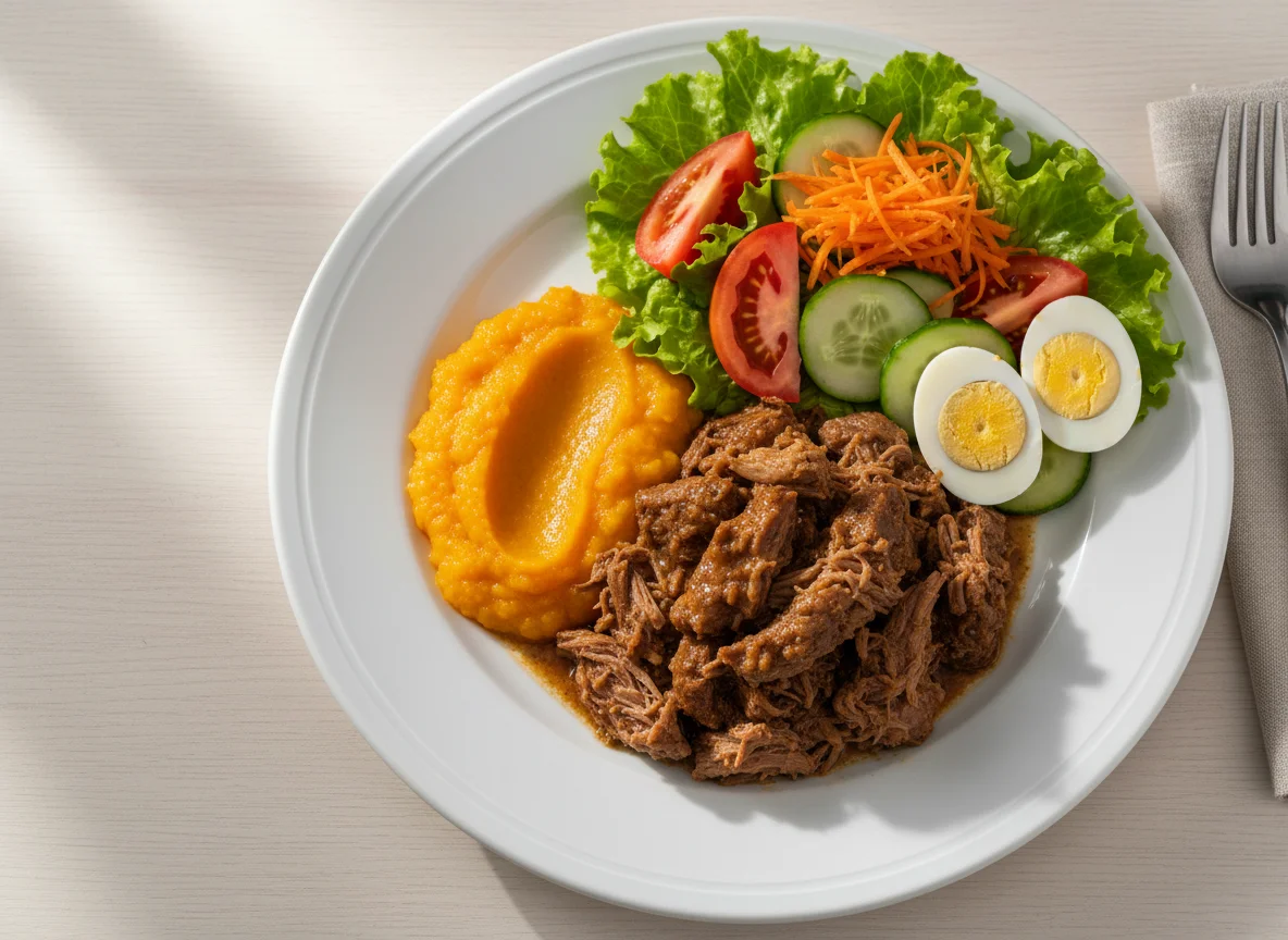 Prato variado com carne de panela e salada photo