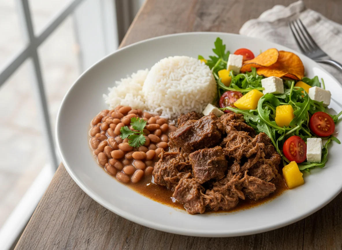 Prato variado com carne de panela, feijão, arroz e salada photo