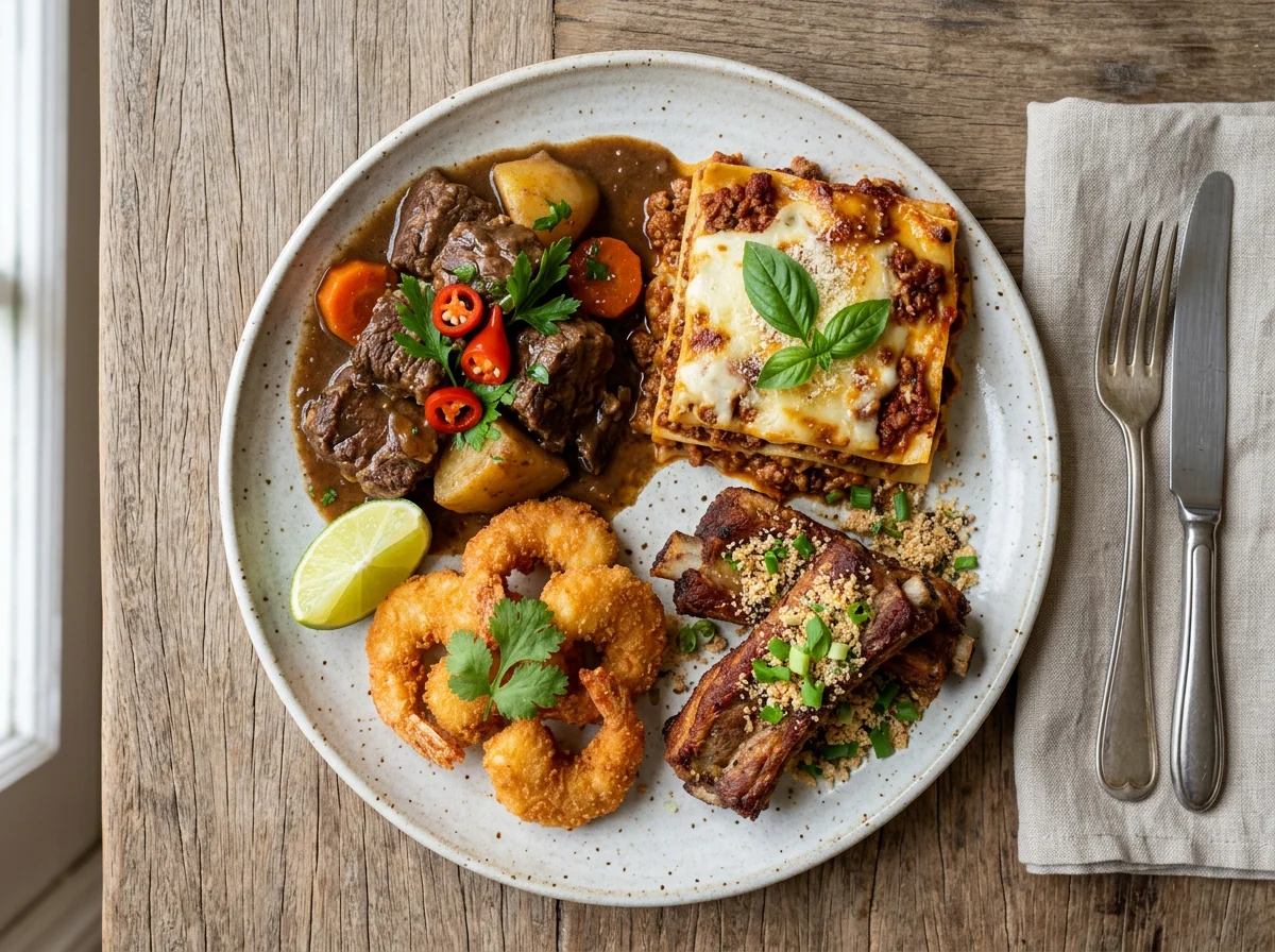 Prato variado com carne de panela, lasanha, costelinha e camarão frito photo