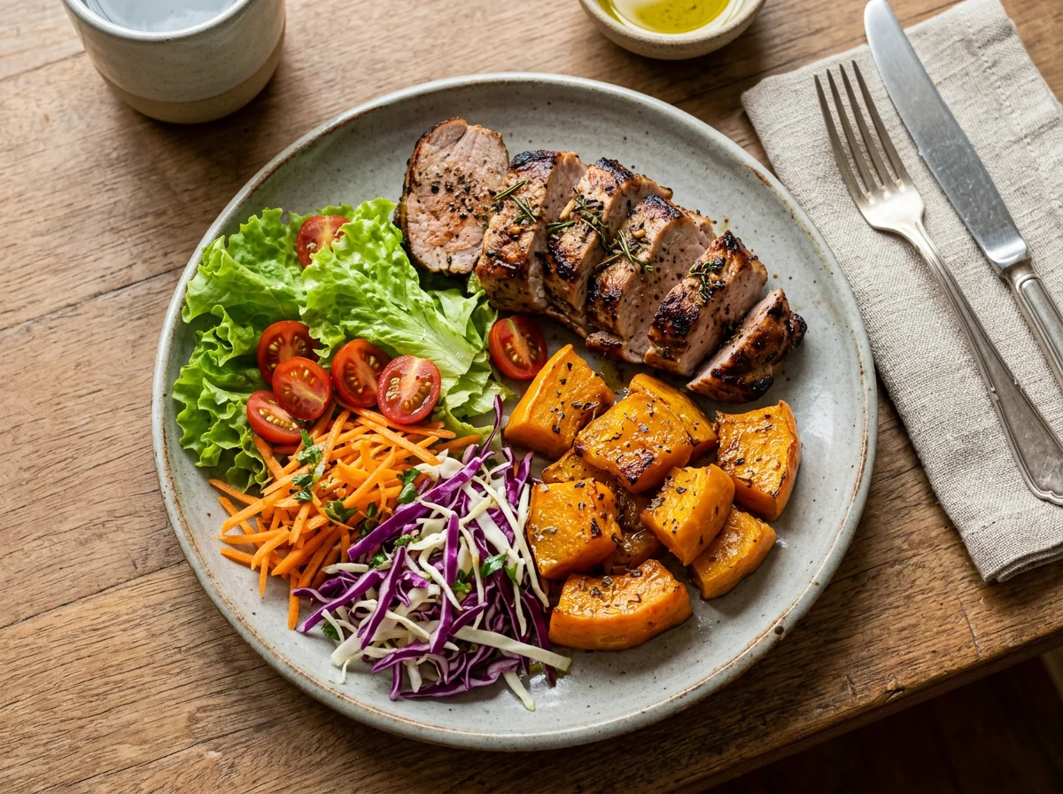 Prato variado com carne de porco, abóbora e salada photo