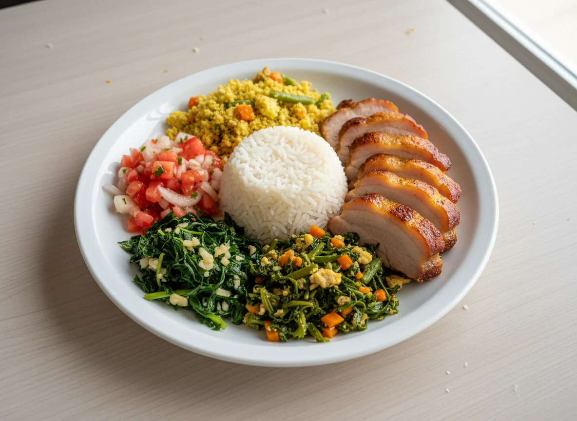 Prato variado com carne de porco, arroz e acompanhamentos photo