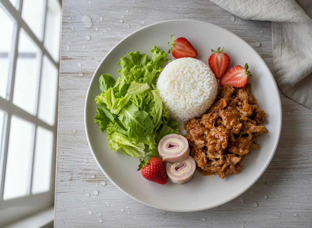Prato variado com carne de porco, arroz e salada photo