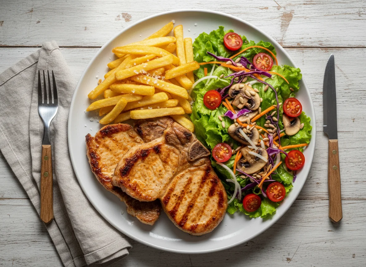 Prato variado com carne de porco, batata frita e salada photo
