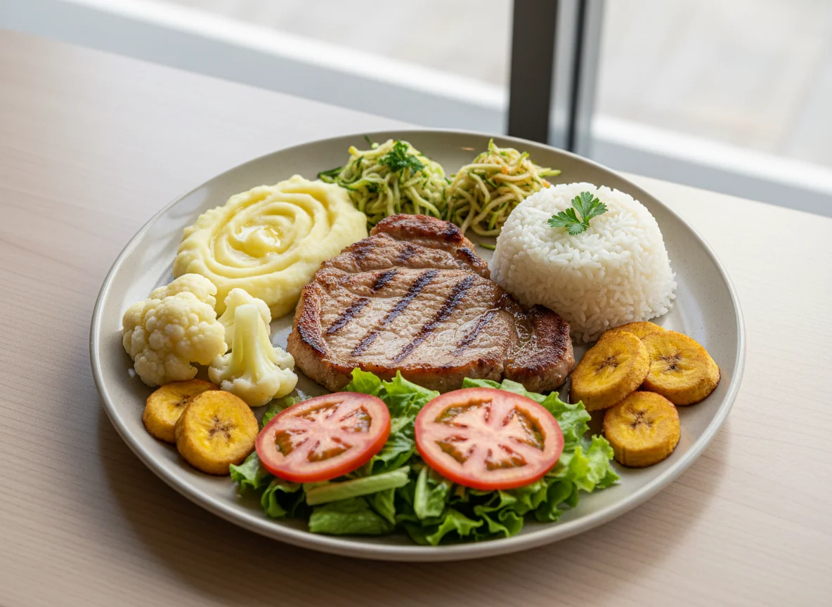 Prato variado com carne de porco e acompanhamentos photo