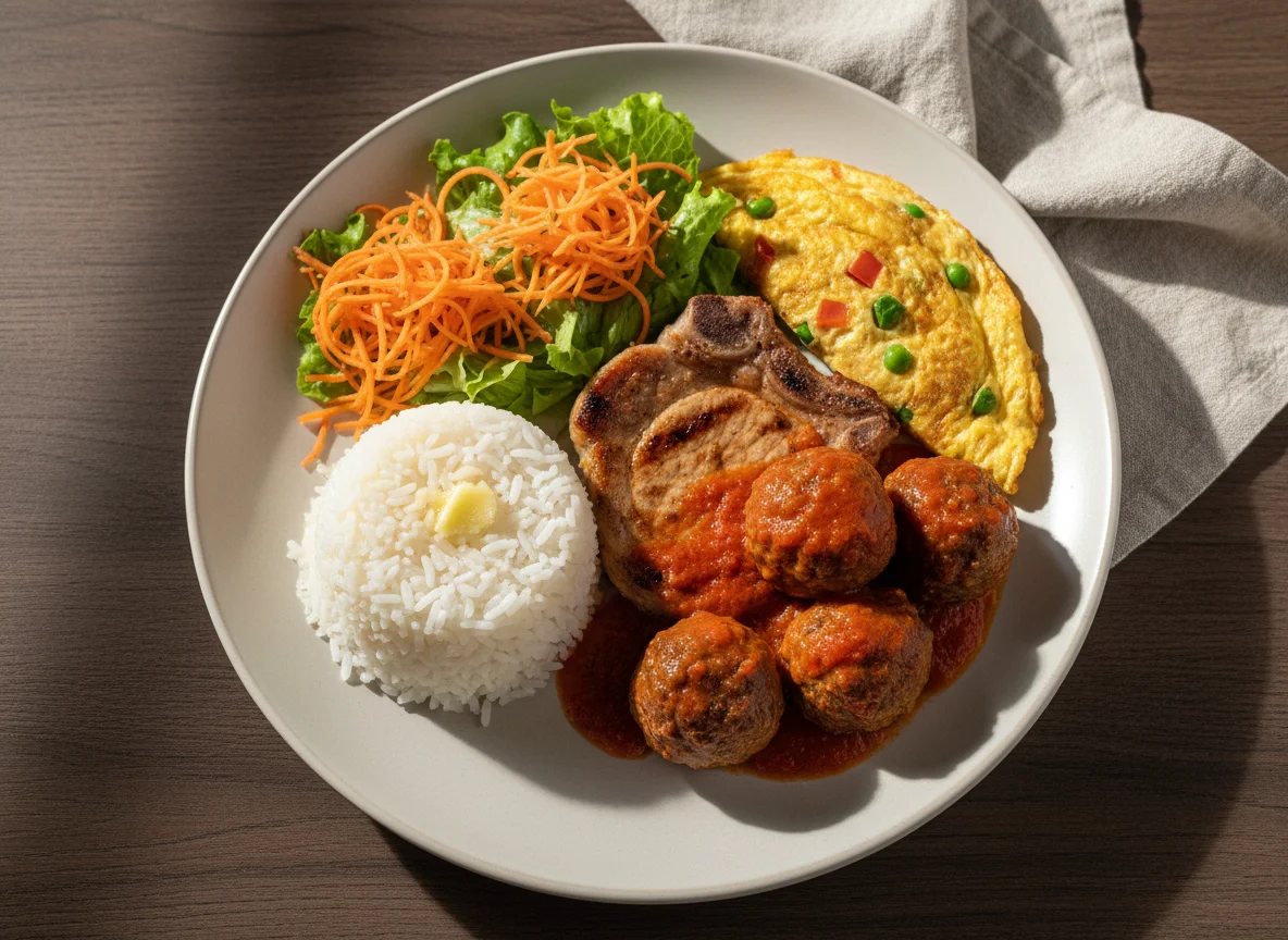 Prato variado com carne de porco e almôndegas photo