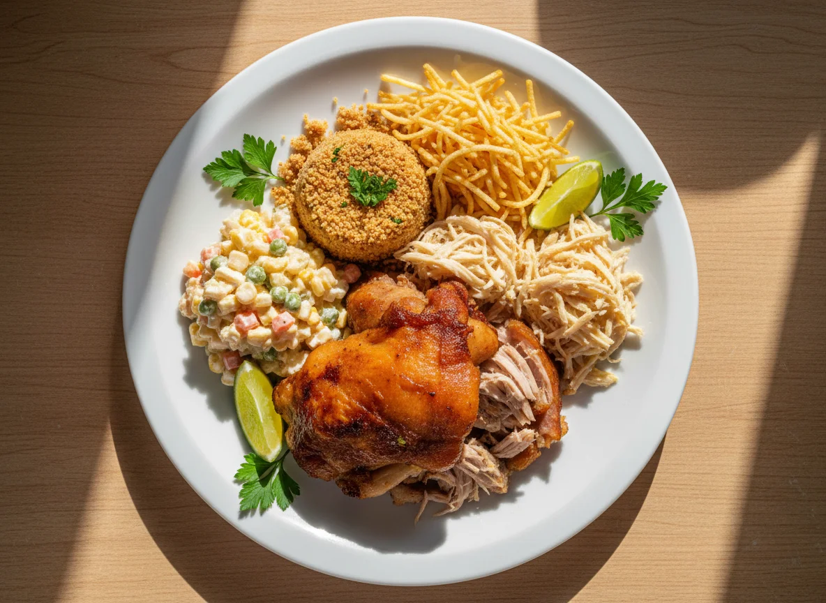 Prato variado com carne de porco e frango photo