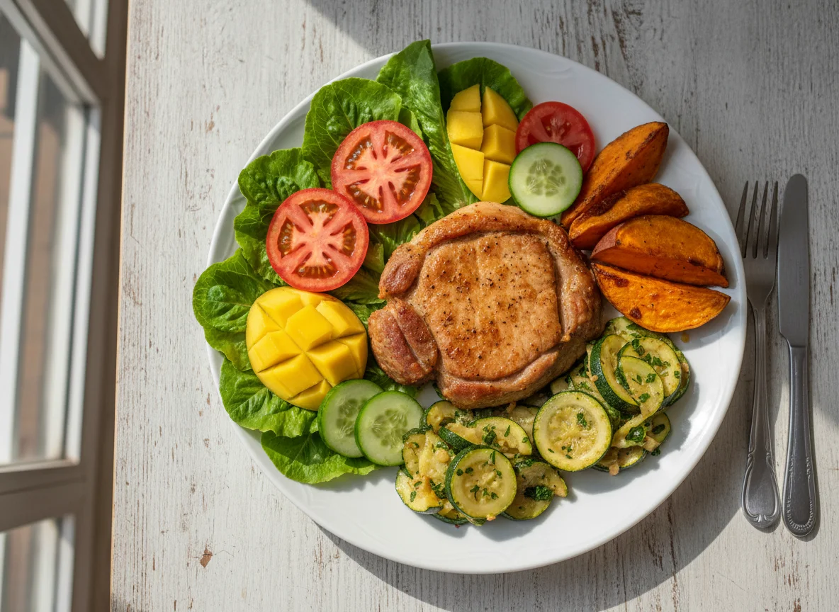 Prato variado com carne de porco e salada photo
