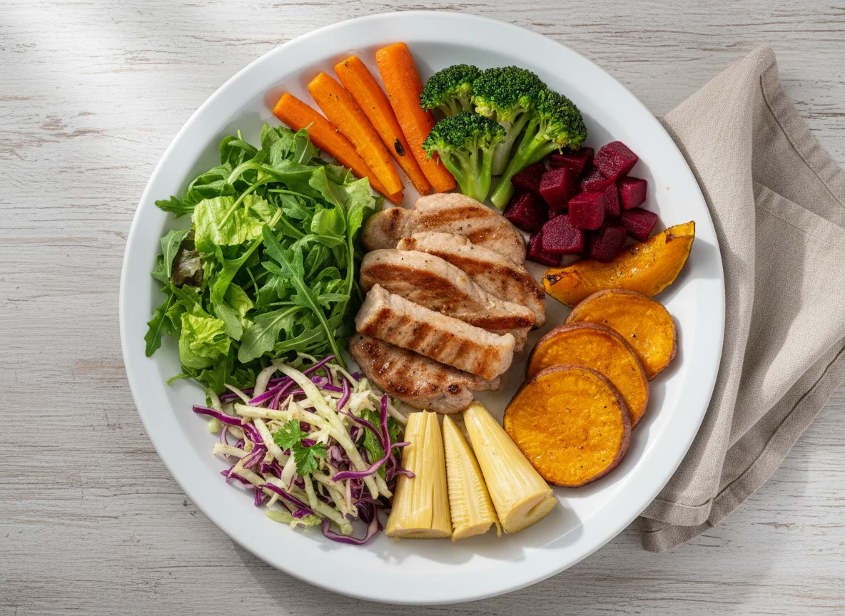 Prato variado com carne de porco e vegetais photo