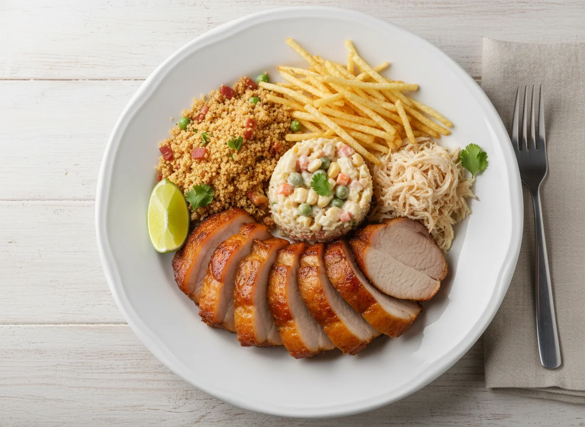 Prato variado com carne de porco, frango, farofa, batata palha e salpicão photo