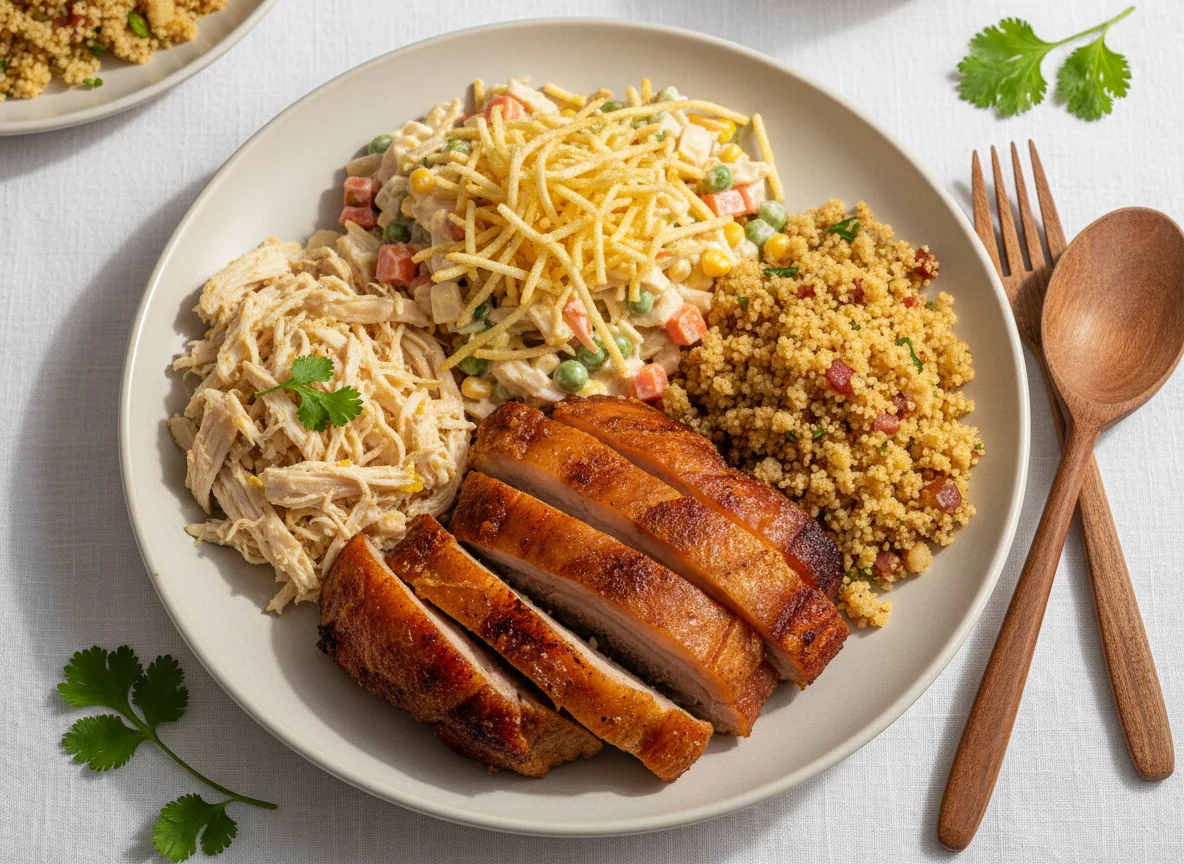 Prato variado com carne de porco, frango, salpicão e farofa photo