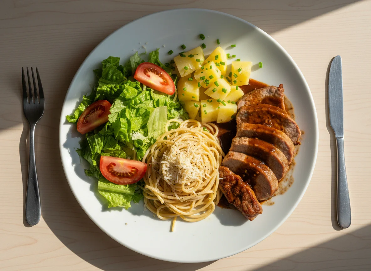 Prato variado com carne de porco, massa e salada photo