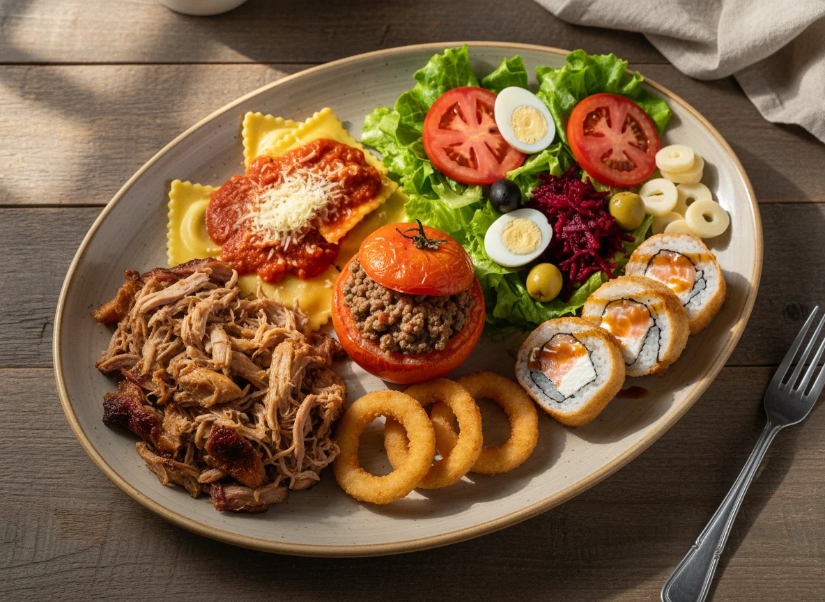 Prato variado com carne de porco, massa, salada e sushi photo