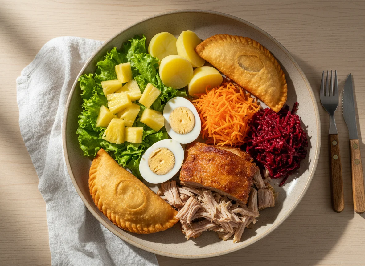 Prato variado com carne de porco, pastéis e salada photo