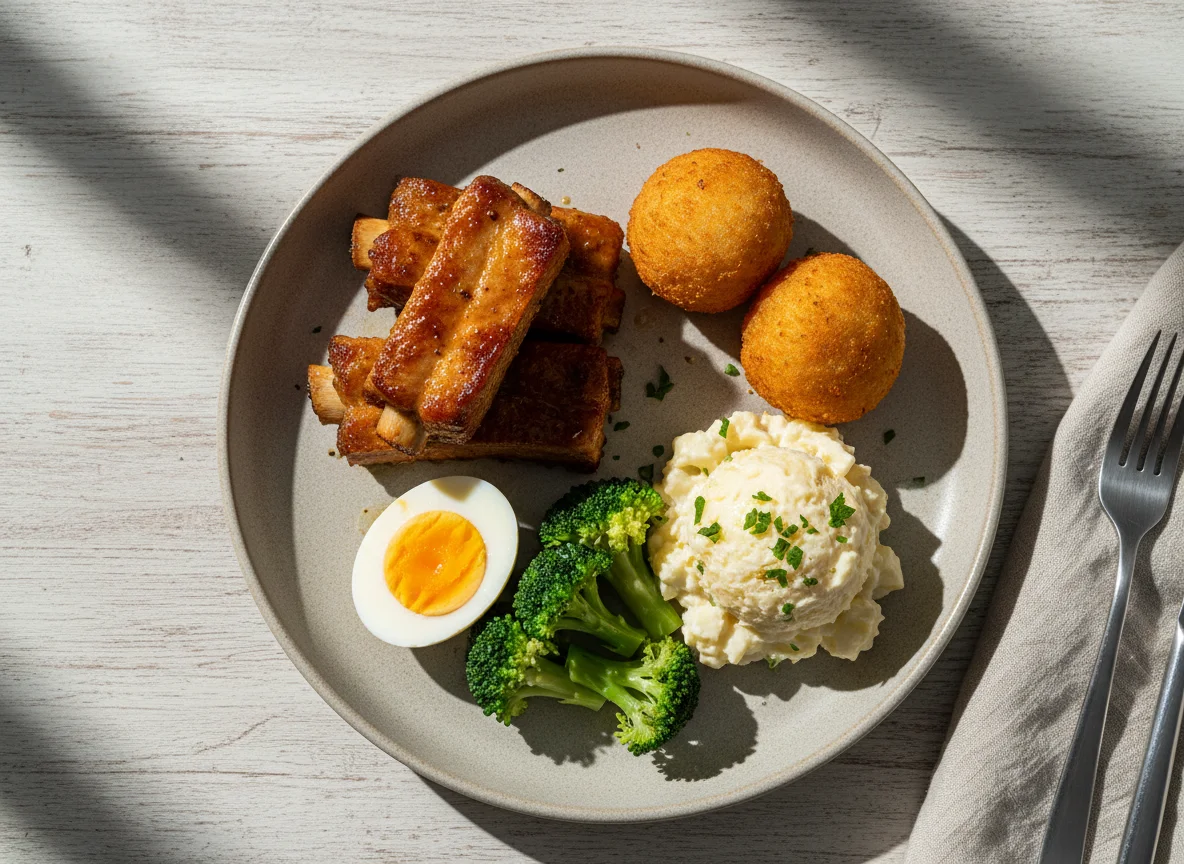 Prato variado com carne de porco, peixe e ovos photo