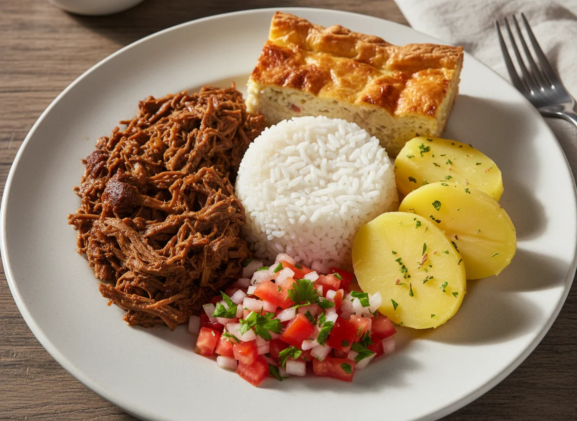 Prato variado com carne desfiada, arroz e acompanhamentos photo
