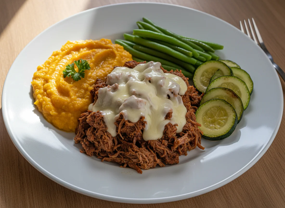 Prato variado com carne desfiada e legumes photo