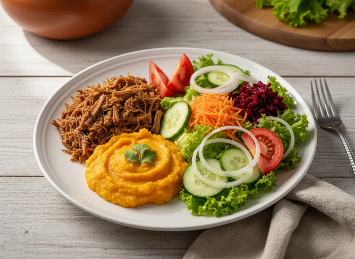 Prato variado com carne desfiada e salada photo