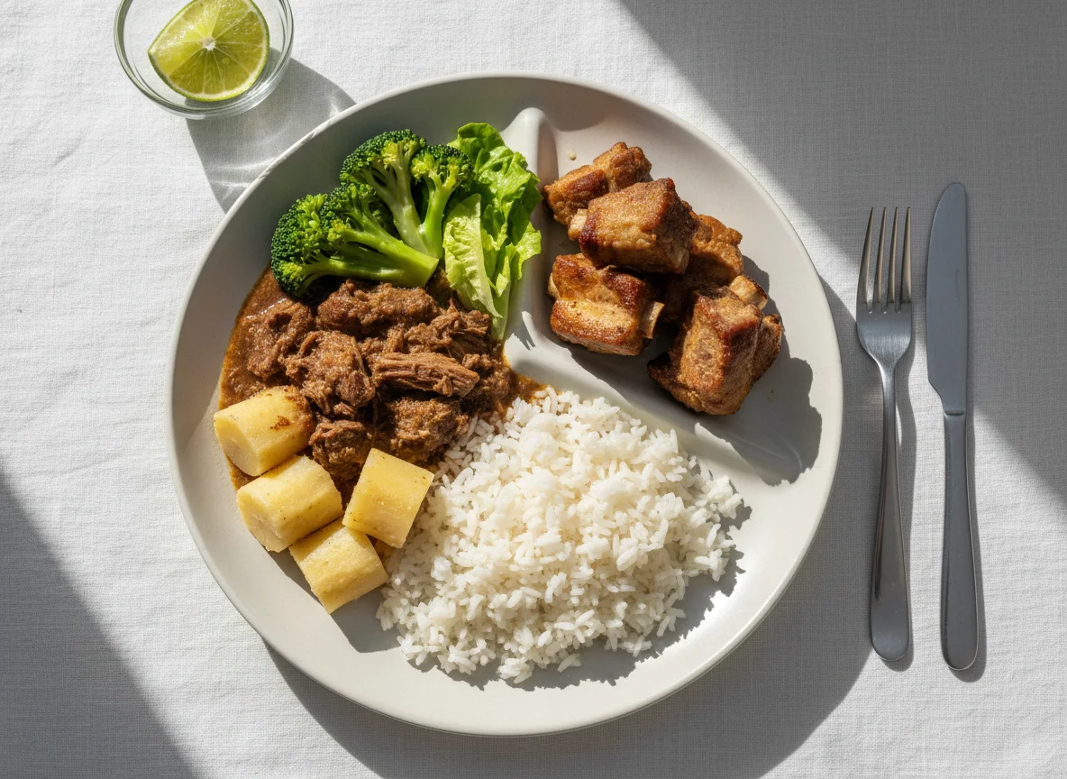 Prato variado com carne e acompanhamentos photo