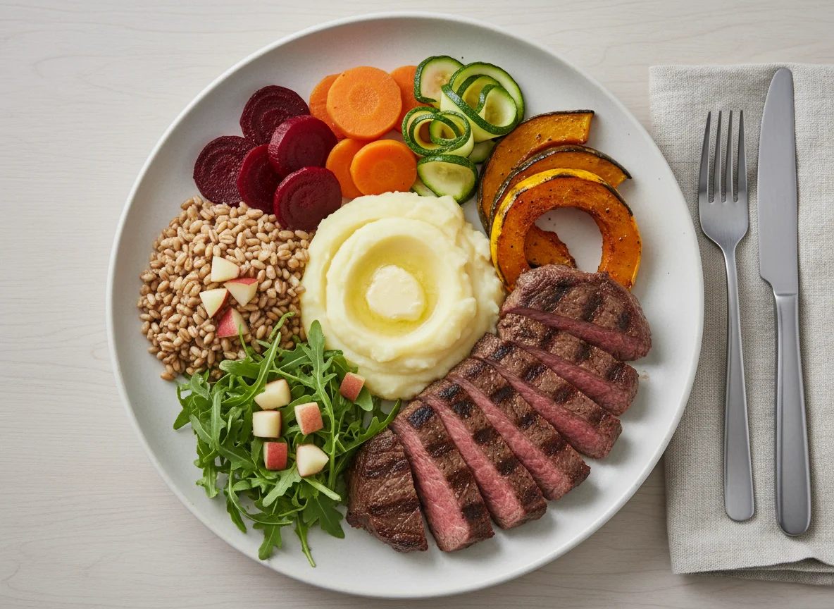 Prato variado com carne e legumes photo