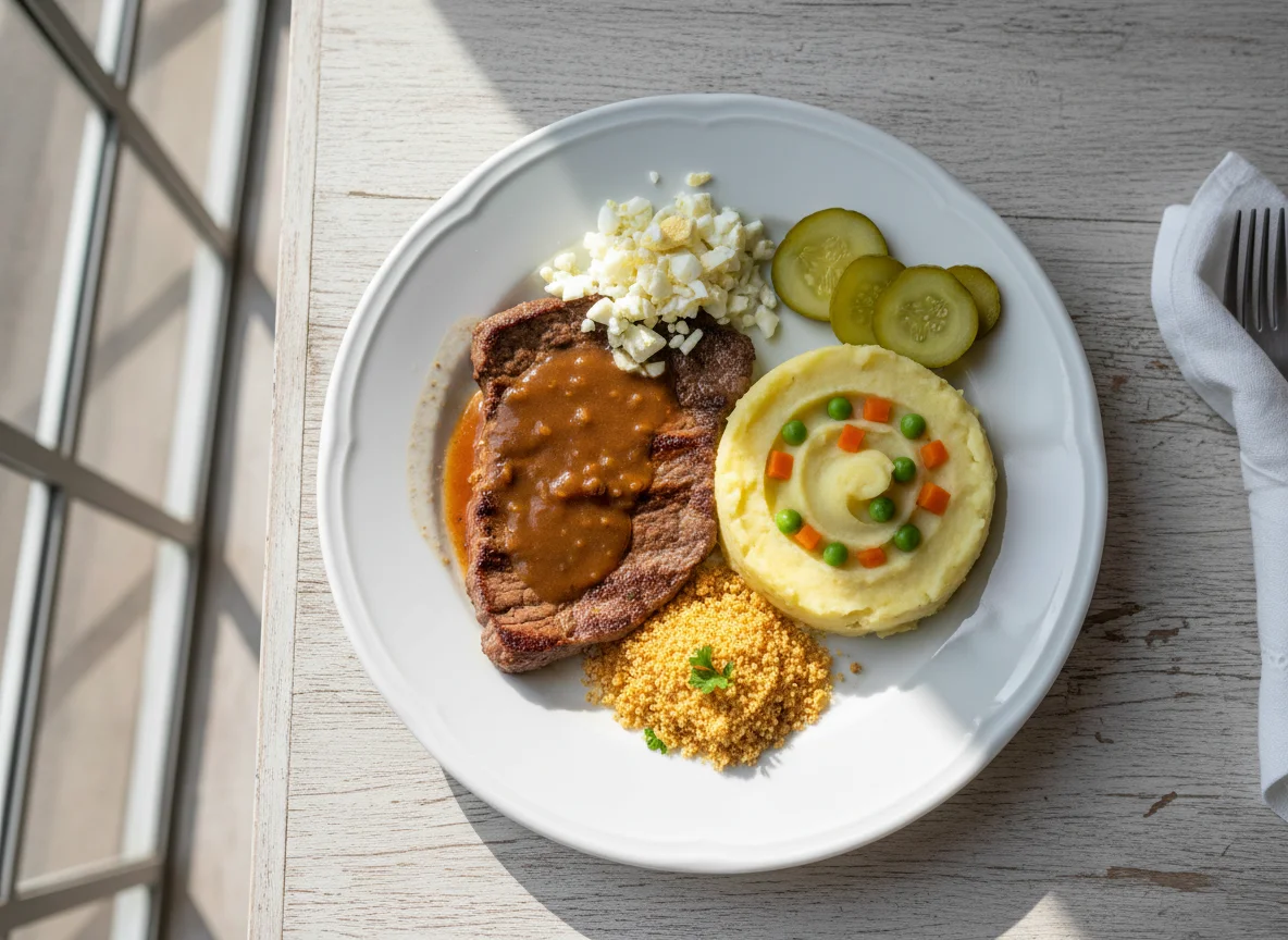 Prato variado com carne e purê photo