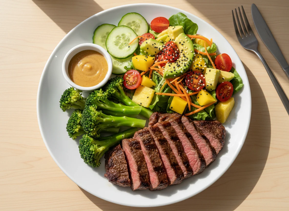 Prato variado com carne e salada de frutas photo