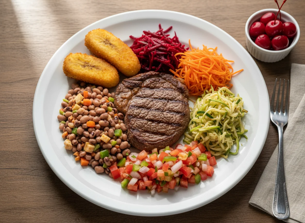 Prato variado com carne e saladas photo