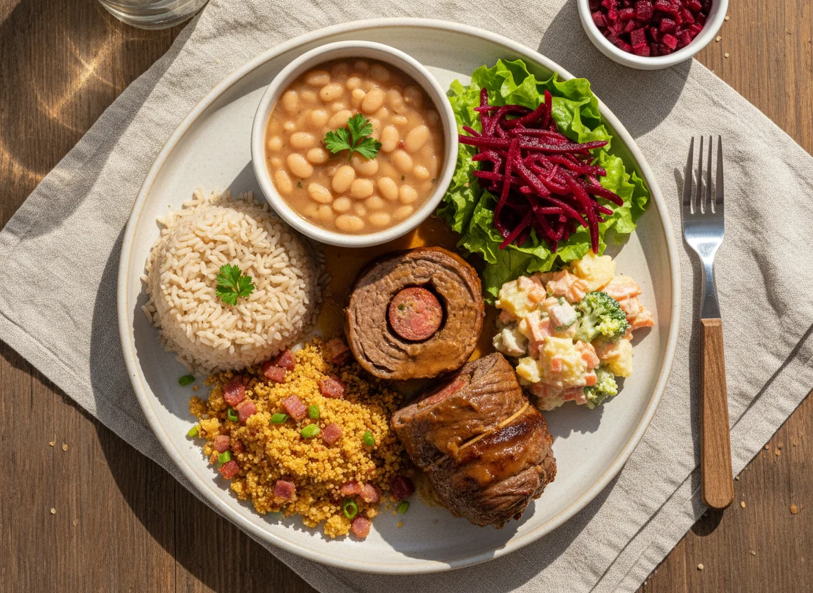 Prato variado com carne enrolada e acompanhamentos photo