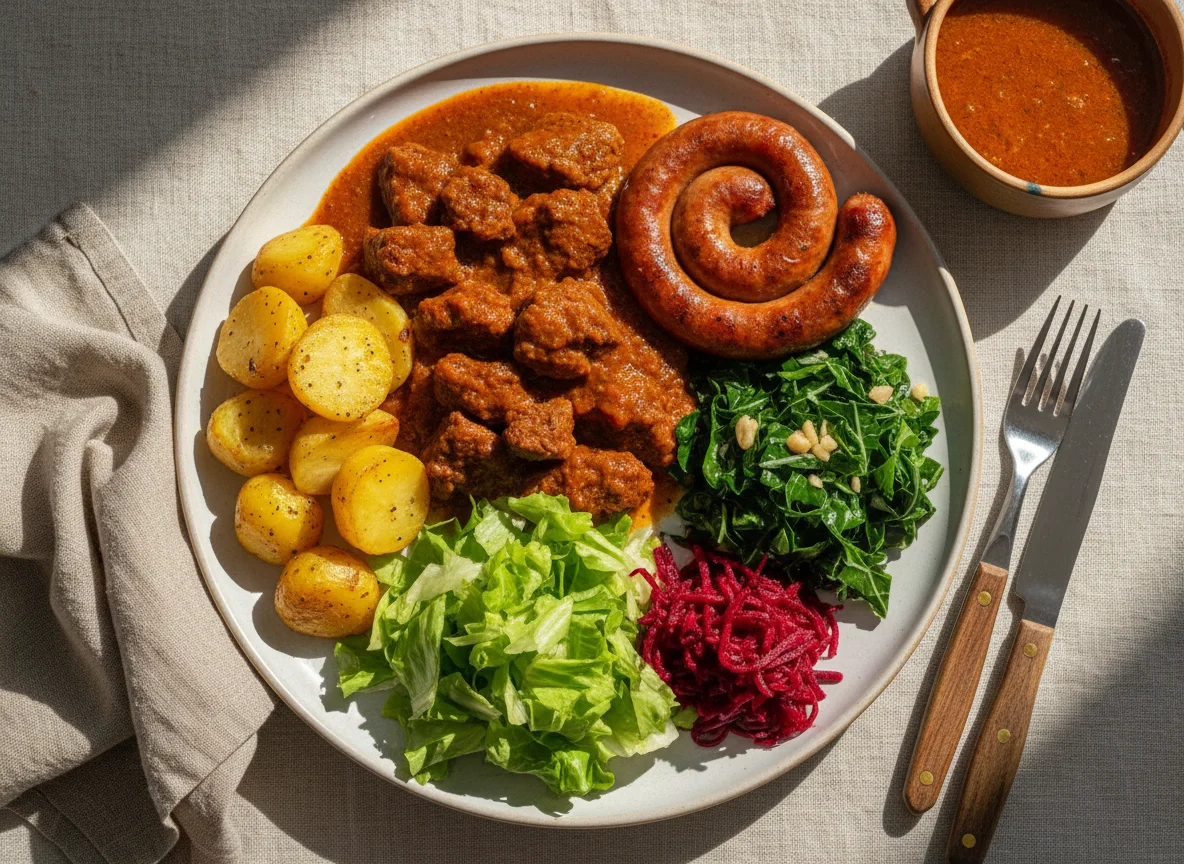 Prato variado com carne ensopada e acompanhamentos photo