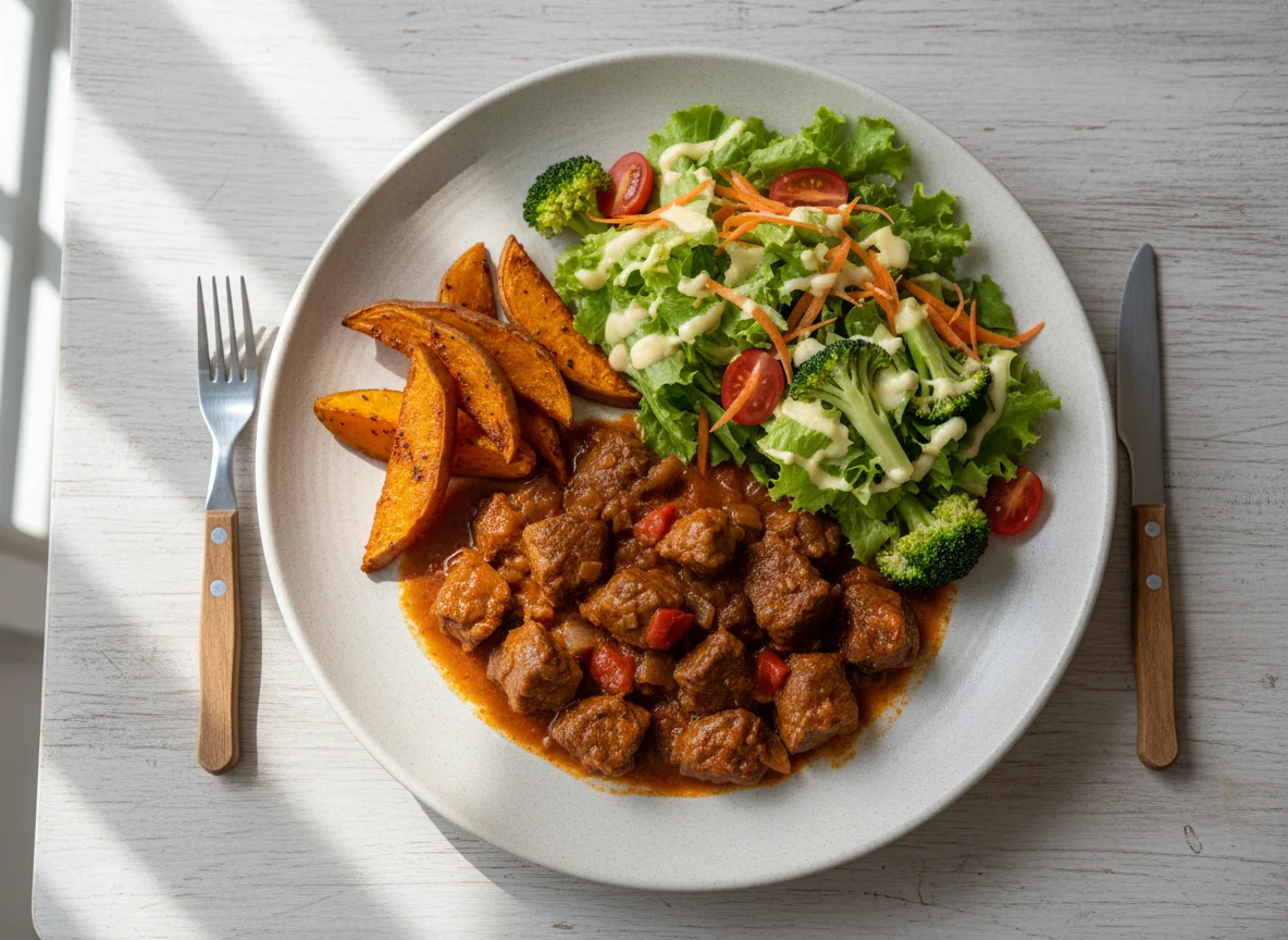 Prato variado com carne ensopada e salada photo