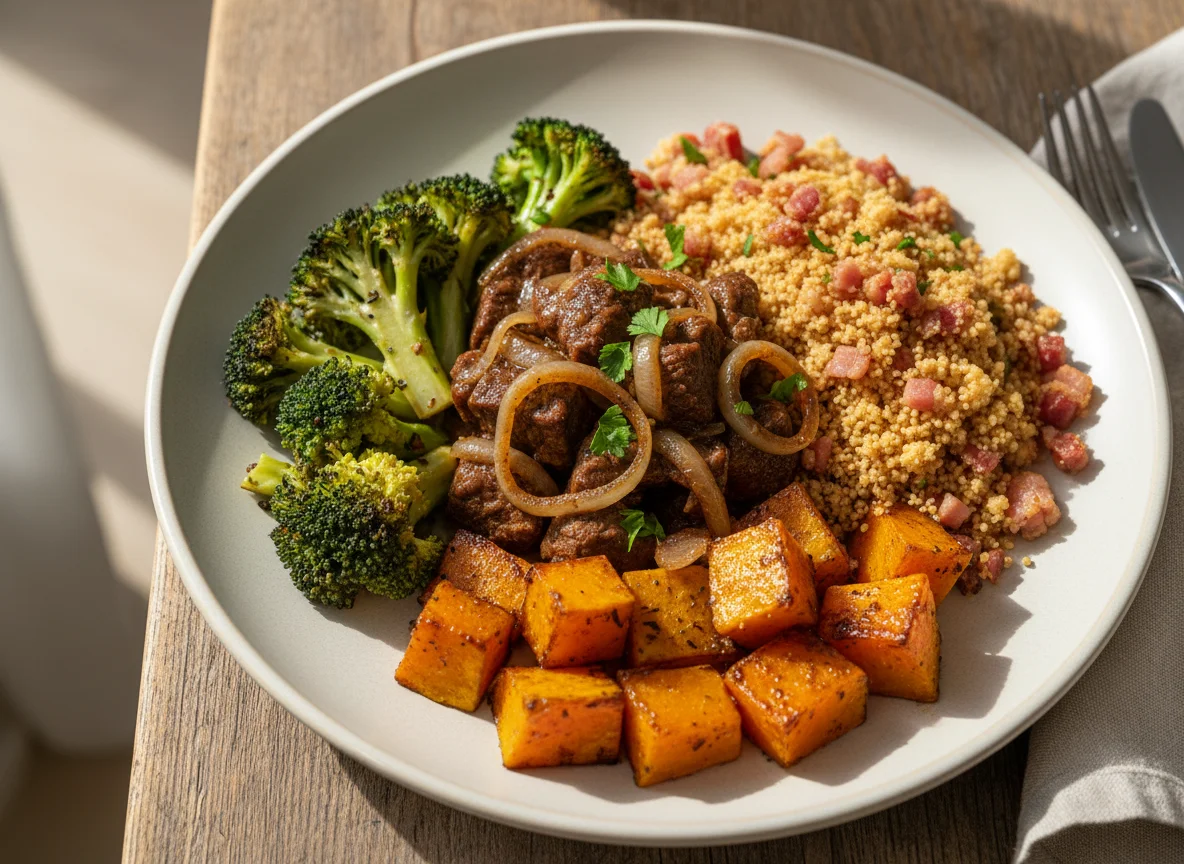 Prato variado com carne, farofa, brócolis e abóbora photo